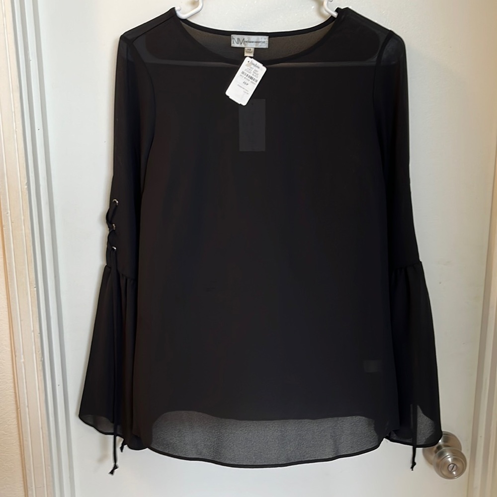 LNWT NW Neiman Marcus Black Lace Sleeve Sheer Top XS